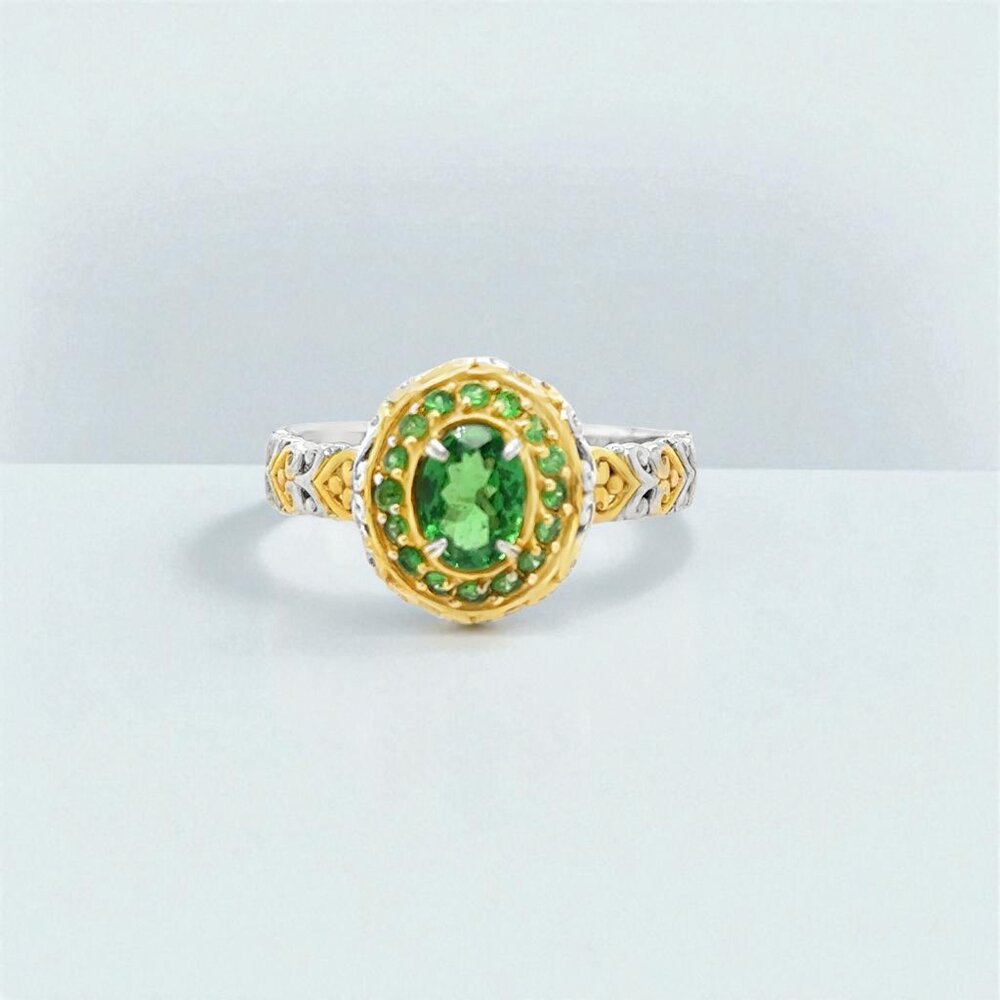 Oval Chrome Diopside Halo Ring in Two-Tone Sterling Silver